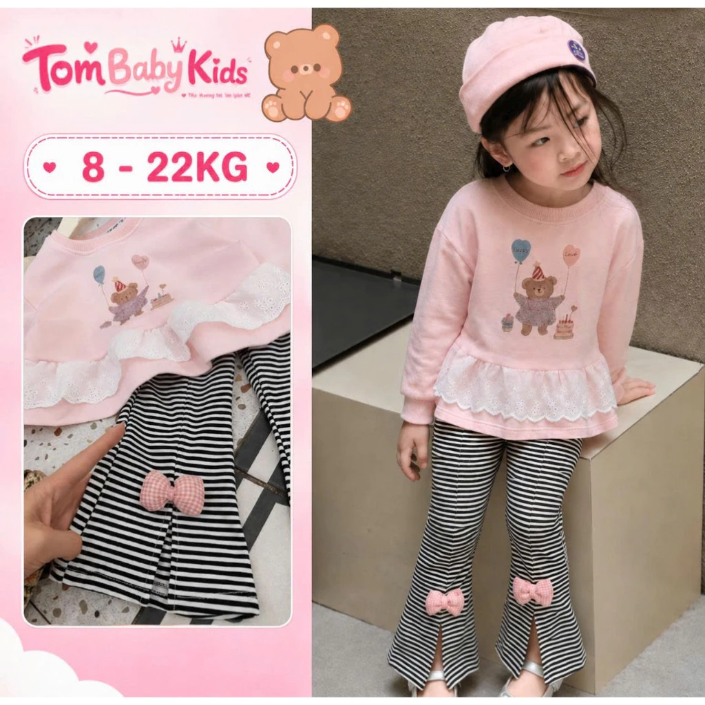 Set đồ bé gái, đồ bộ bé gái thu đông áo sweater viền bèo phối quần ống loe đính nơ xinh xắn cho bé 8-22kg Tom Baby Kids