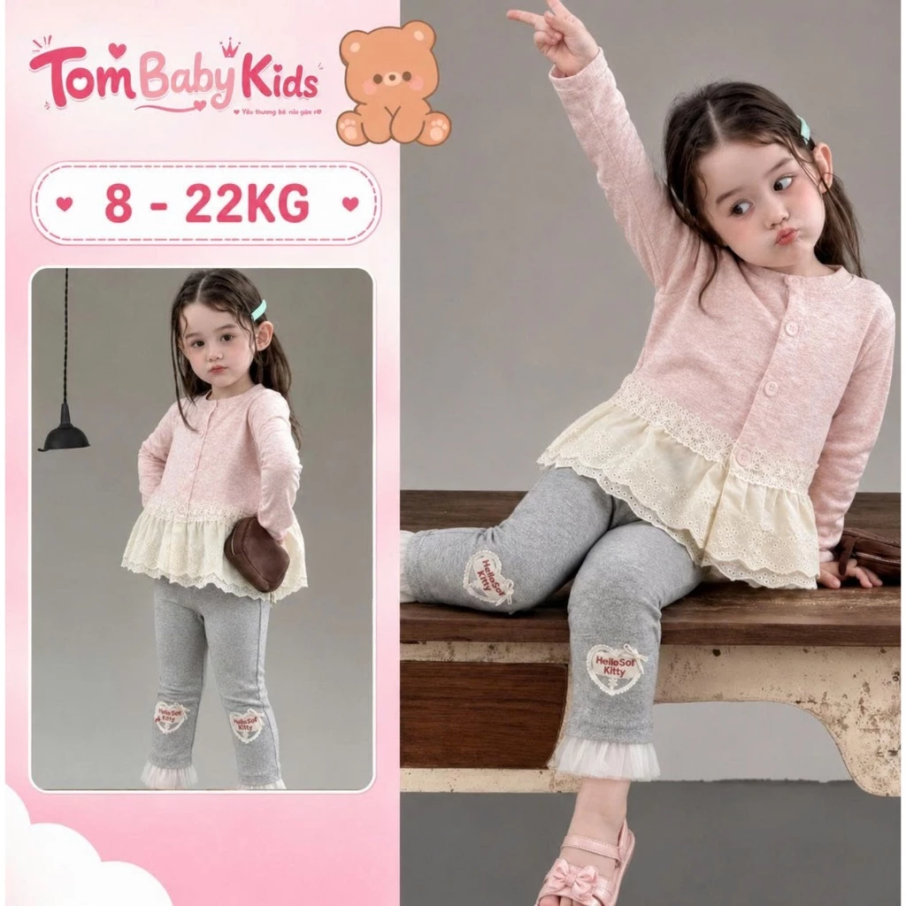 [TẶNG KẸP] Bộ đồ bé gái thu đông, set đồ bé gái áo cardigan phối ren mix quần bó dễ thương cho bé 8-22kg Tom Baby Kids
