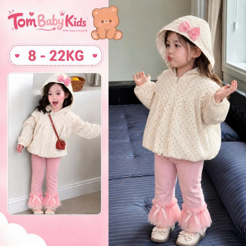 Đồ bộ bé gái, set bộ áo khoác gió chấm bi đính nơ phối quần body, quần legging phối ren cho bé 8-22kg Tom Baby Kids