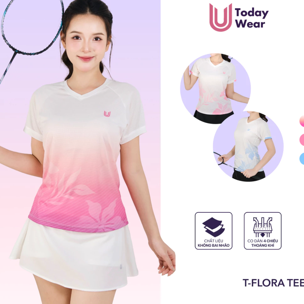 [NEW ARRIVAL] Áo cầu lông nữ cổ tim T-Flora siêu nhẹ thoảng khí cùng họa tiết Hoa nữ tính năng động trong từng đường cầu