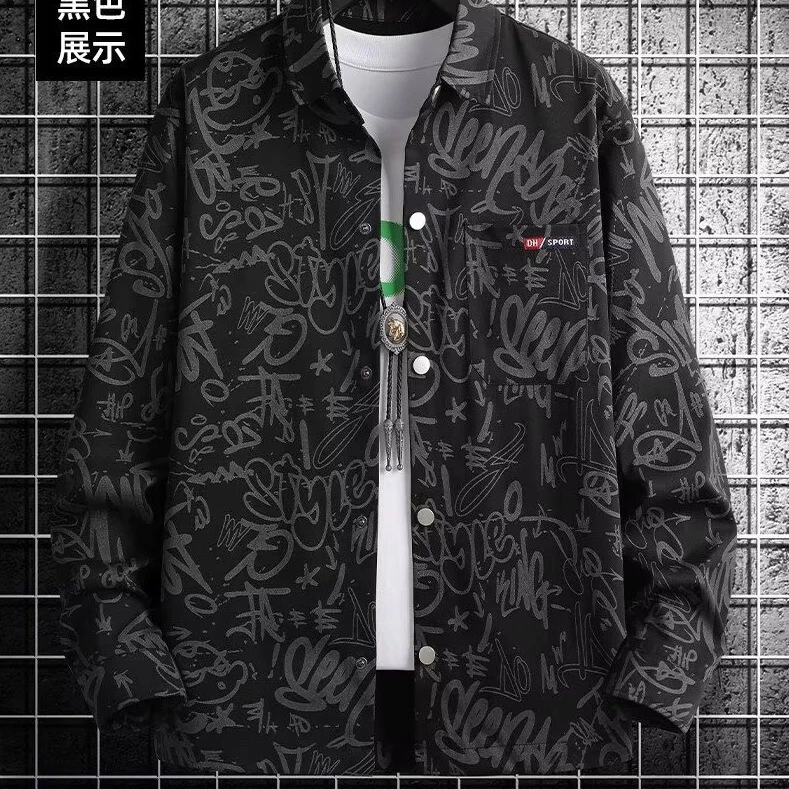Áo Sơ Mi Nam Graffiti Tay Dài Màu Đen Cá Tính Streetwear Hàn Quốc Unisex