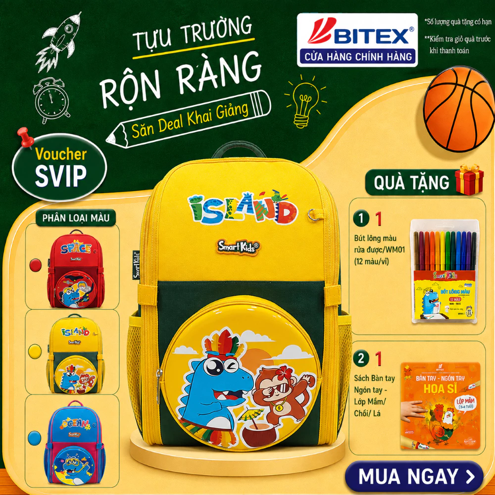 Balo Chống gù Smartkids Dino Discovery dành cho bé tiểu học cấp 1 siêu nhẹ bền đẹp từ 5 đến 10 tuổi