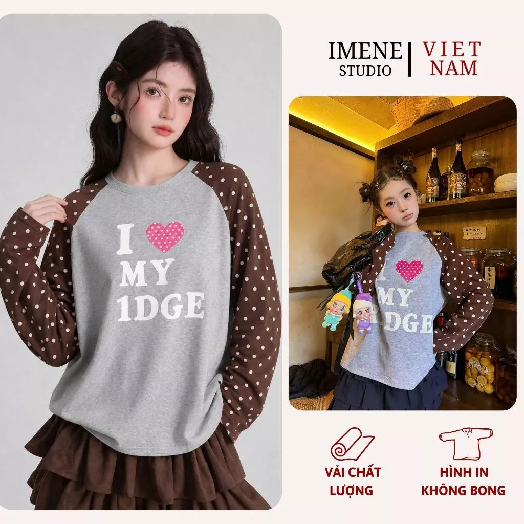 Áo thun dài tay nữ, áo thun raglan xám phối tay chấm bi nâu in chữ kèm trái tim dễ thương