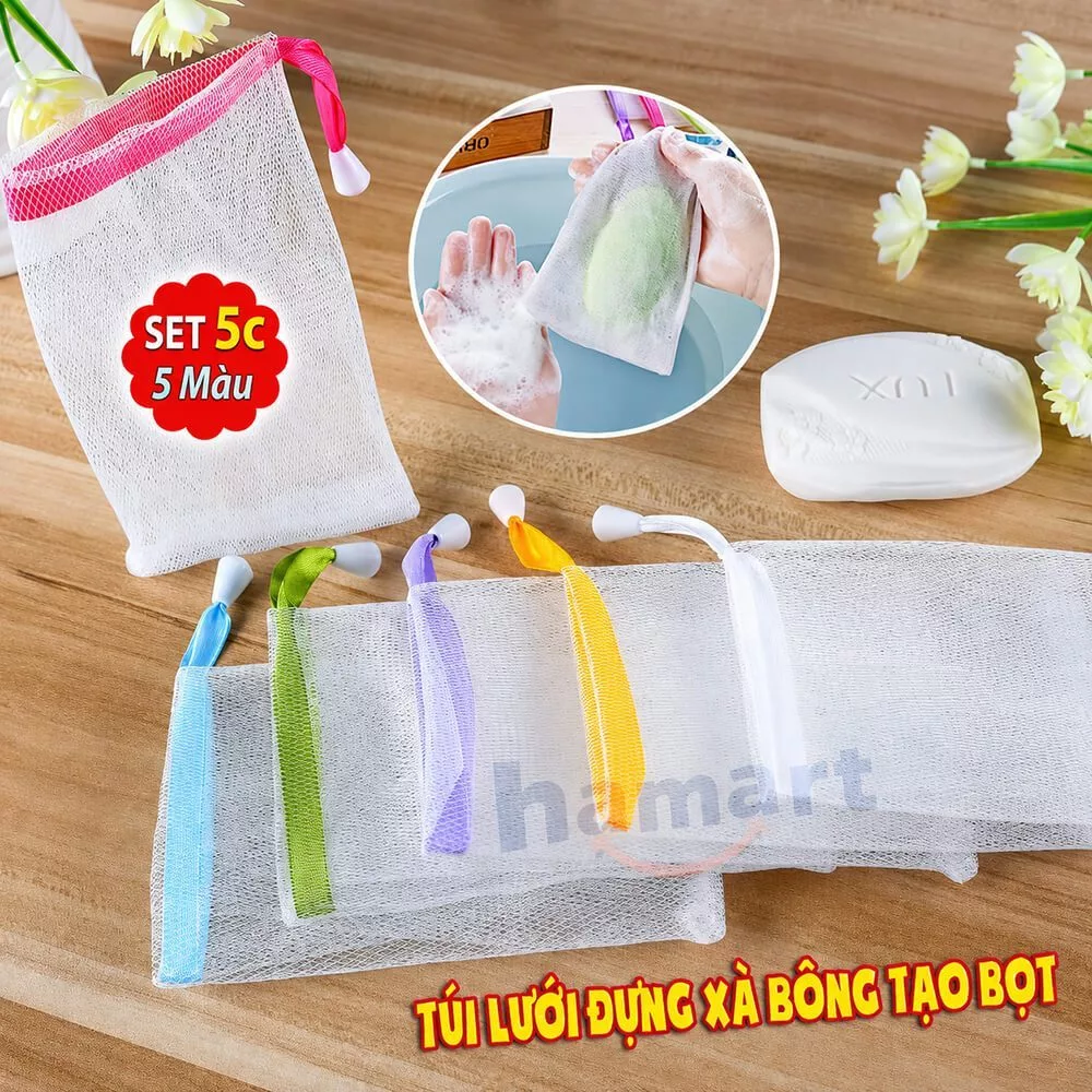 SET 2 Túi Lưới Đựng Xà Phòng Tạo Bọt 2 Lớp Lưới Có Dây Rút Treo Xà Bông Tắm Tiện Lợi