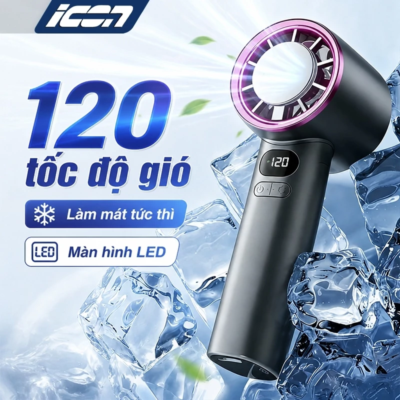 Quạt mini cầm tay ICON đá lạnh, 120 tốc độ gió, sạc USB, màn hình LED, làm mát di động.