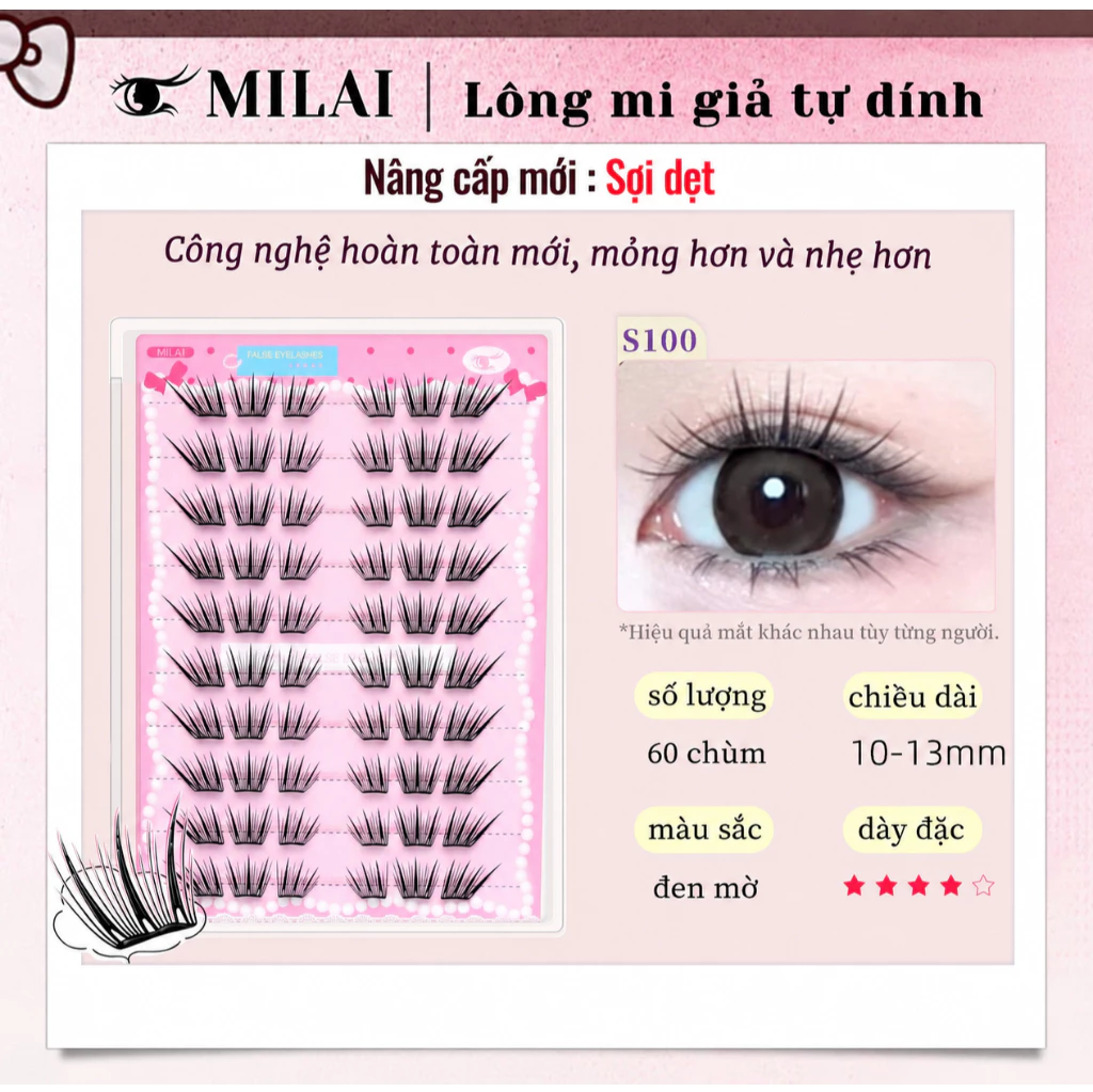 MILAI S100 lông mi giả tự dính mi chùm sợi dẹt 60 chùm mềm nhẹ tự nhiên dễ đeo makeup hàng ngày