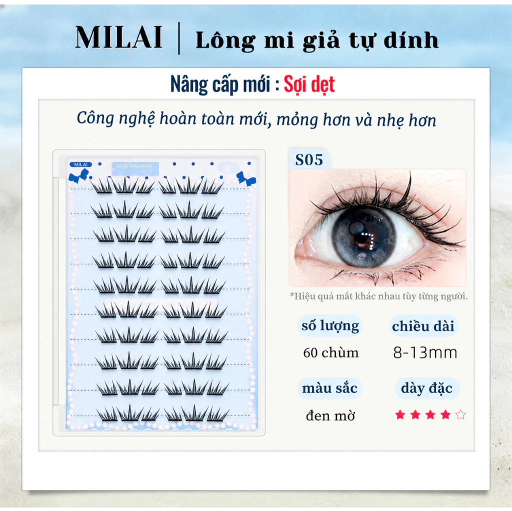 Mi trên giả MILAI S05 sợi dẹt 60 chùm dài 9-11.5mm đen mờ tự dính makeup mắt đẹp ảnh chụp