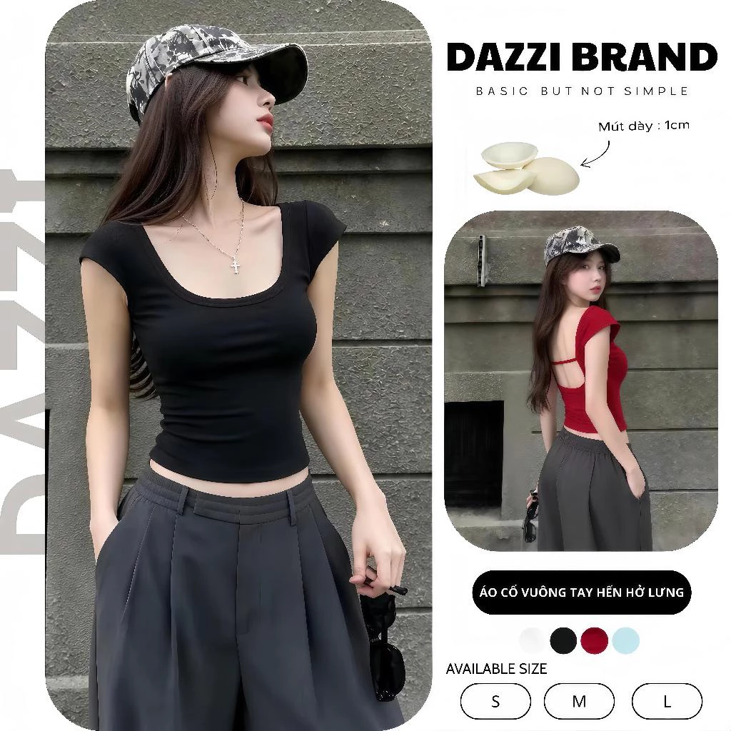 [KÈM MÚT] Áo thun cổ U tay hến hở lưng phối dây ôm body tôn dáng vải thun mịn DAZZI B010