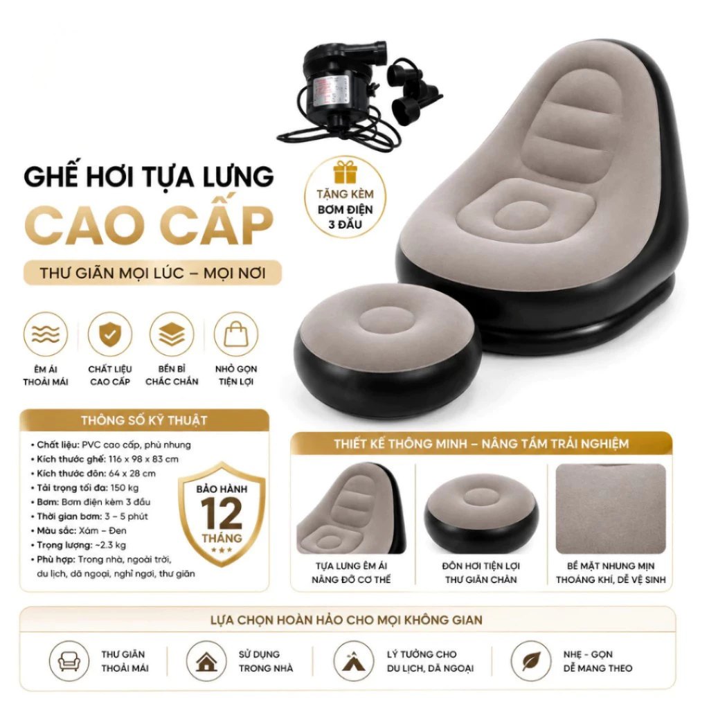 Ghế hơi Tựa Lưng,Ghế Bơm Hơi,sofa hơi Kiểu Dáng Hàn Quốc Bọc Nhung Mềm Mại