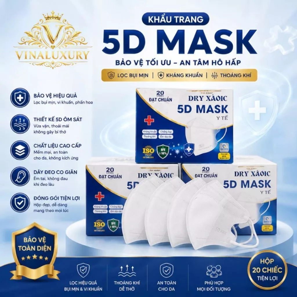 Khẩu trang 5d VINALUXURY hộp 100 chiếc 5 lớp kháng khuẩn