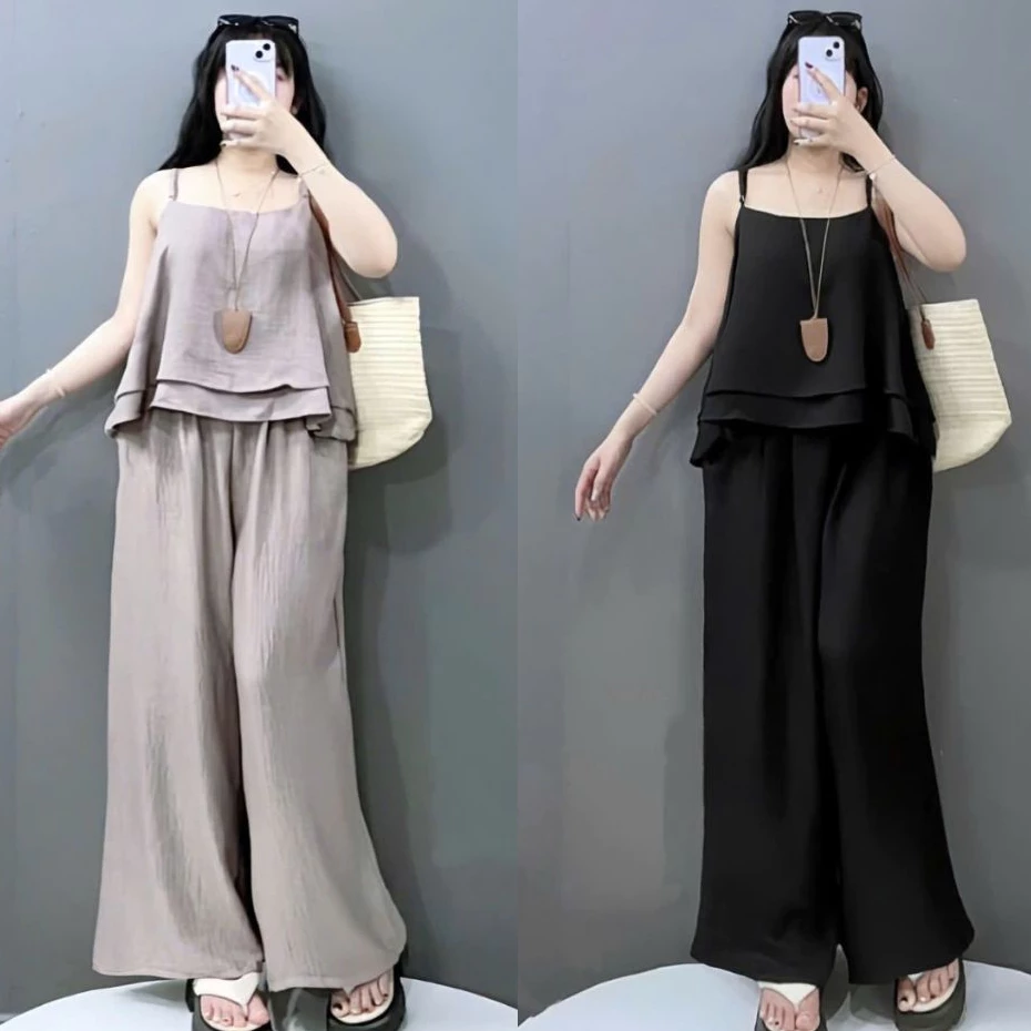 Set đồ bigsize áo 2 dây bèo kết hợp cùng quần suông vải đũi vân mây mềm mát đi biển cho nàng Chuppy -SET867