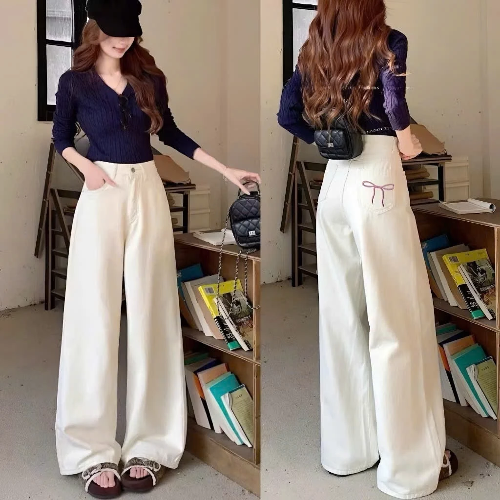 Quần Kaki Nữ Lưng Cao Ống Suông THÊU NƠ Túi Sau Cá Tính, Quần Jean Nữ Ống Rộng Hottrend
