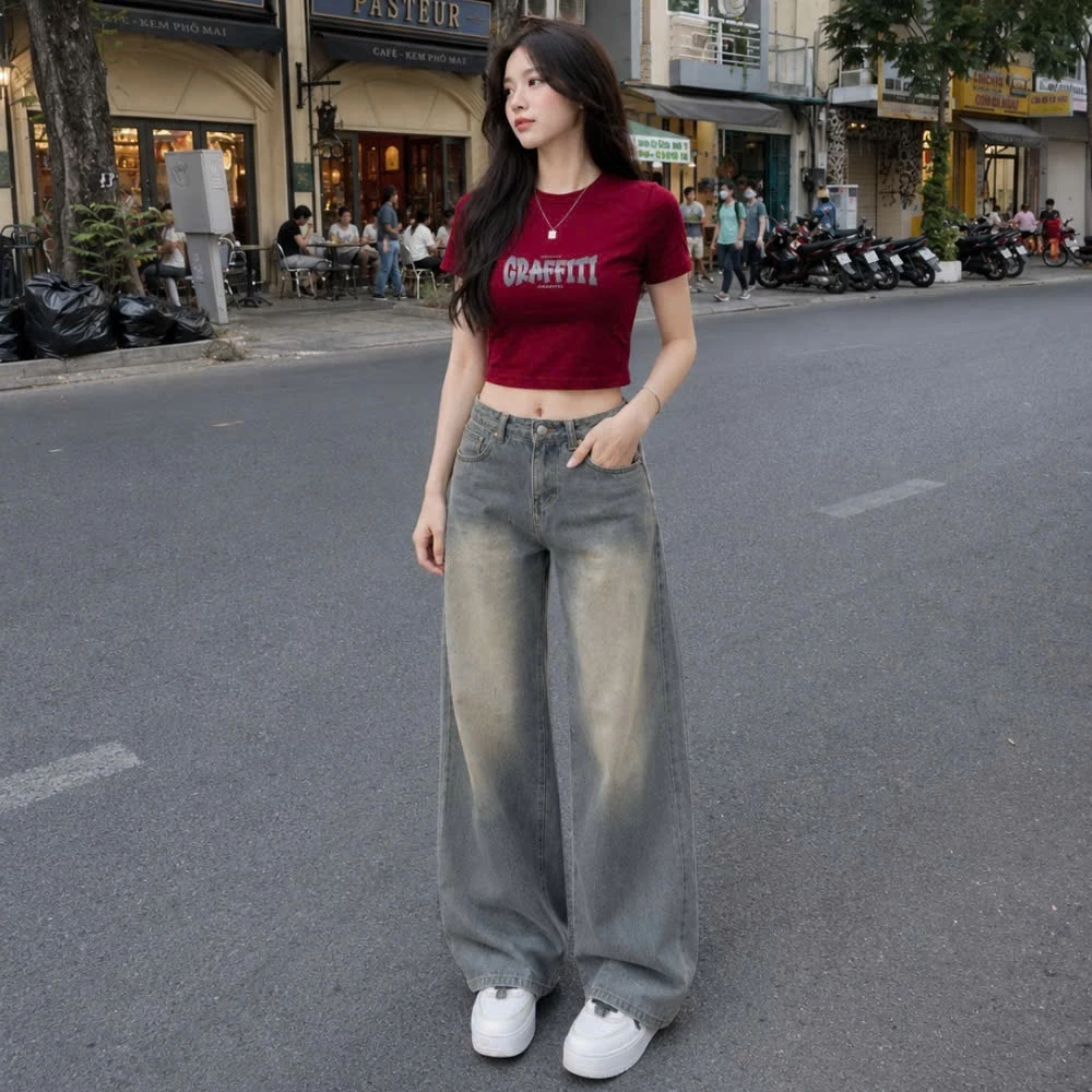 Quần jean CẠP TRỄ DENIM form ống suông tôn dáng phong cách Y2K cá tính, Quần bò cạp thấp tôn dáng