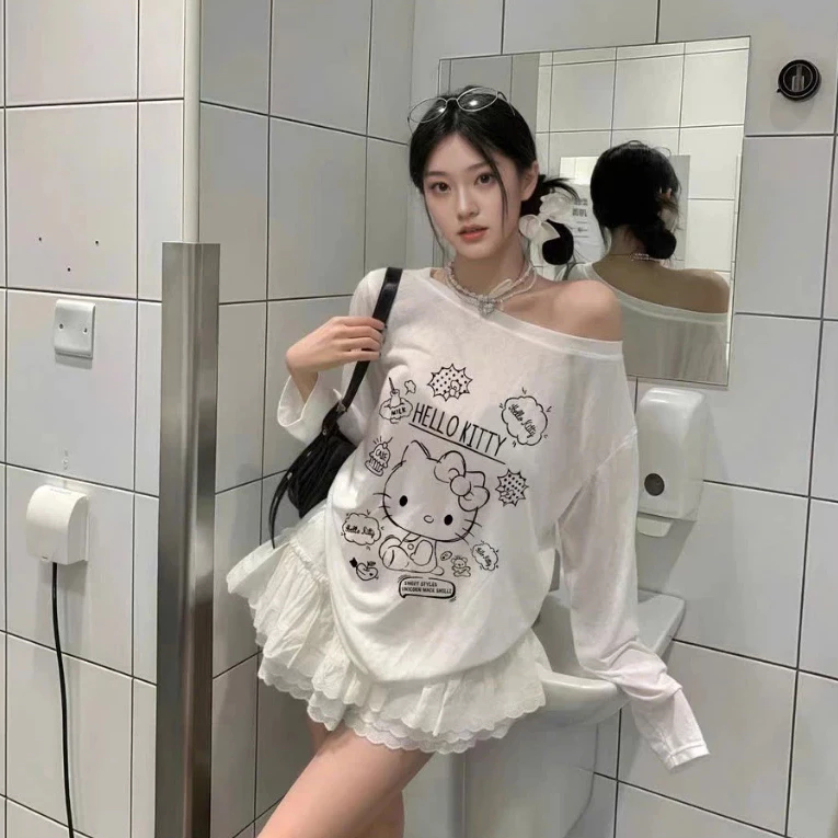 Áo Giấy Nữ Dài Tay Trễ Vai Áo Thun Cotton Hello Kitty Dễ Thương - Áo Thun Nữ Đẹp Cotton Giấy Mềm Nhẹ
