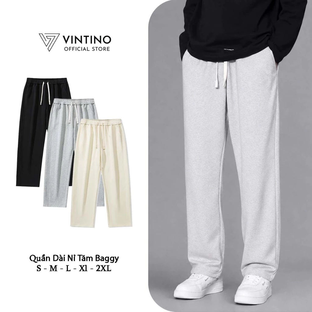 Quẩn Nỉ Form Suông VINTINO Cạp Chun Ống Rộng Mùa Đông Mặc Nhà Nam Nữ Kiểu Dáng Basic Đen Be Ghi QNI