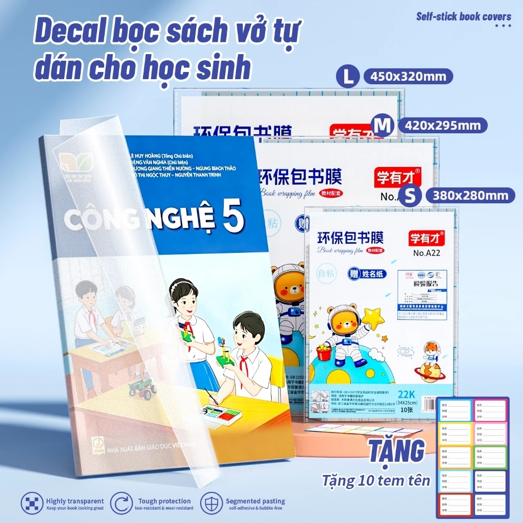 Combo 10 Bọc Sách Vở Học Sinh TẶNG 10 Nhãn Vở S/M/L Decal Trong Suốt Kim Cương Tự Dán Chống Nước