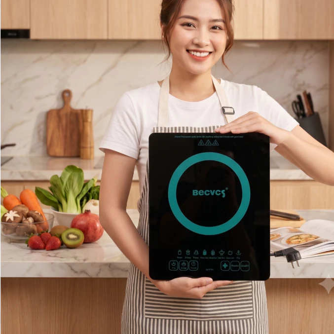 Bếp Từ Đơn Cao Cấp BECVECS, Công Suất 3500W, Kính Cường Lực Dày, 5 Cửa thoát gió, Tặng Kèm Nồi Lẩu