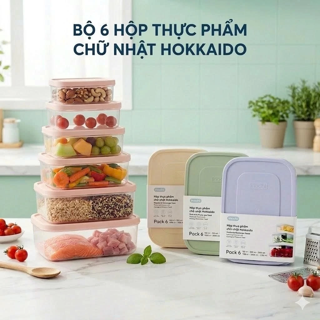 Bộ 6 hộp nhựa đựng thực phẩm chữ nhật Inochi (500-750-1000-1500-2000-2500ml) (tiêu chuẩn Nhật Bản)