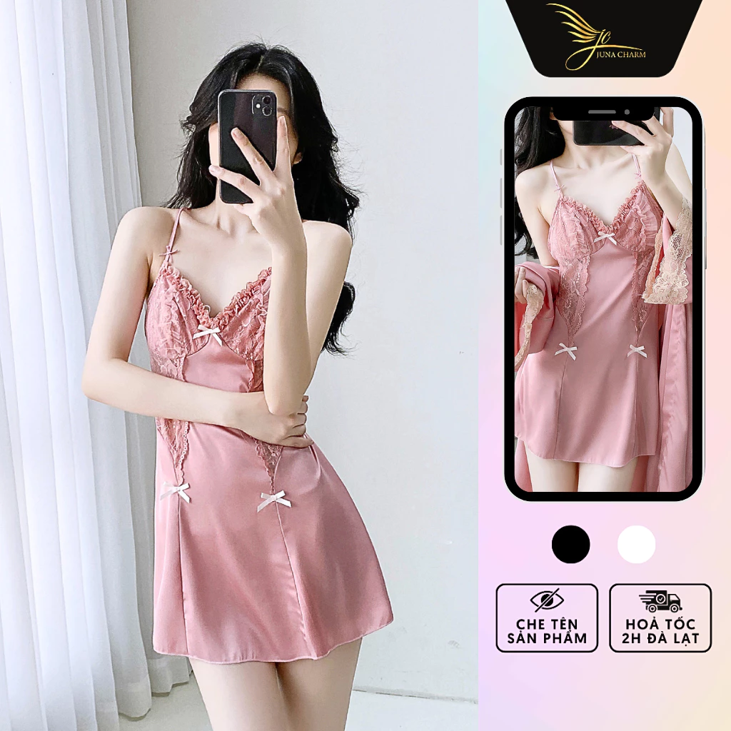Váy Ngủ 2 Dây, Đầm Ngủ Sexy JUNA Freesize Thời Trang Đồ Ngủ Dành Cho Nữ, Chất Vải Lụa Phối Ren Cao Cấp, Màu Hồng/SP5462