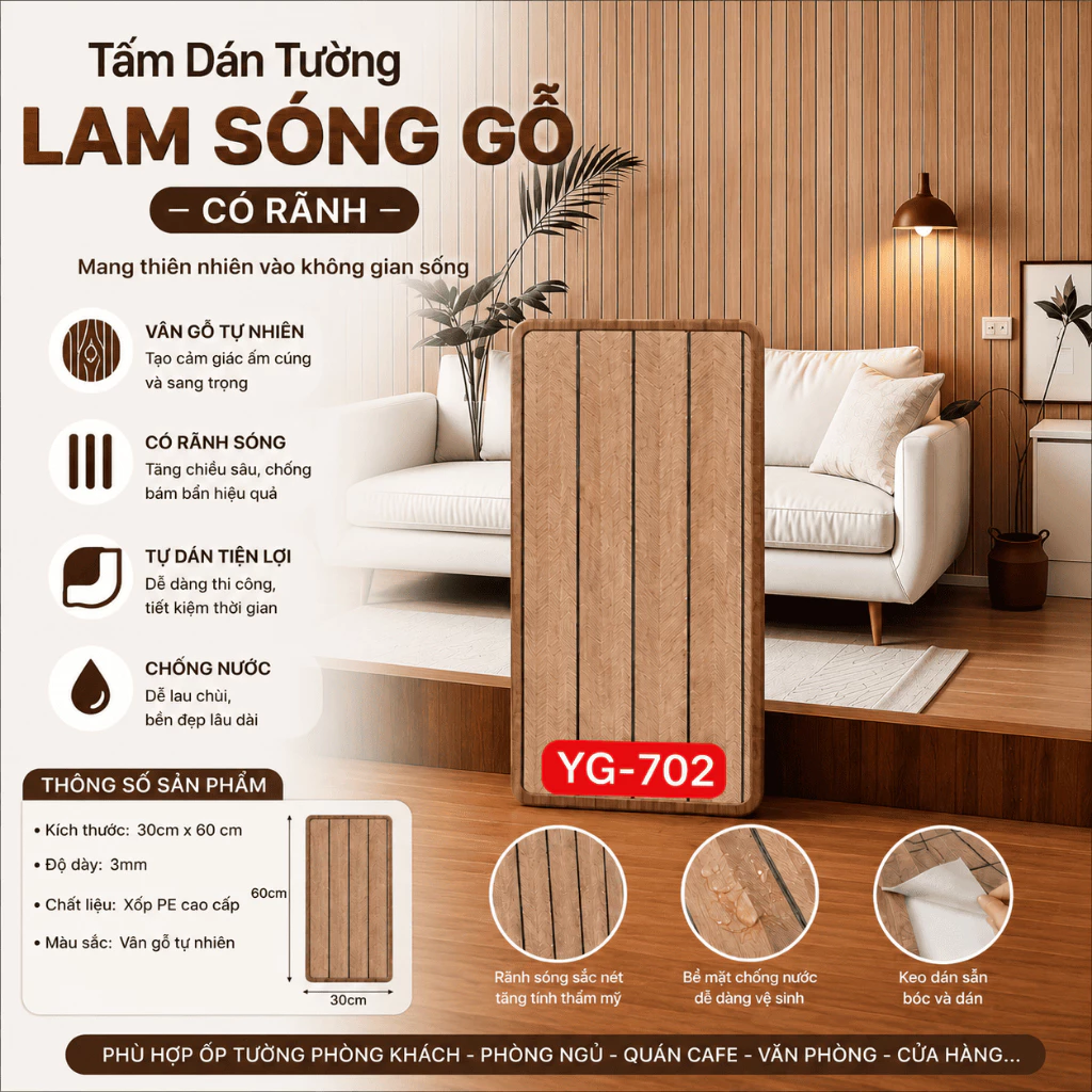 Tấm Xốp Dán Tường Lam Sóng Gỗ 3D, Có Rãnh, Cao Cấp Decor Góc Setup, Phòng khách,Phòng ngủ