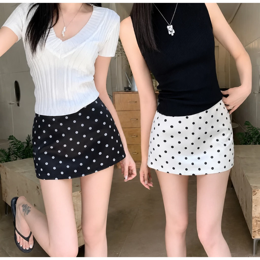 Chân Váy Nữ Phong Cách Y2K Cạp Trễ Họa Tiết Chấm Bi Form chữ A Khóa Kéo Kèm Lót Trong DAZZI V010