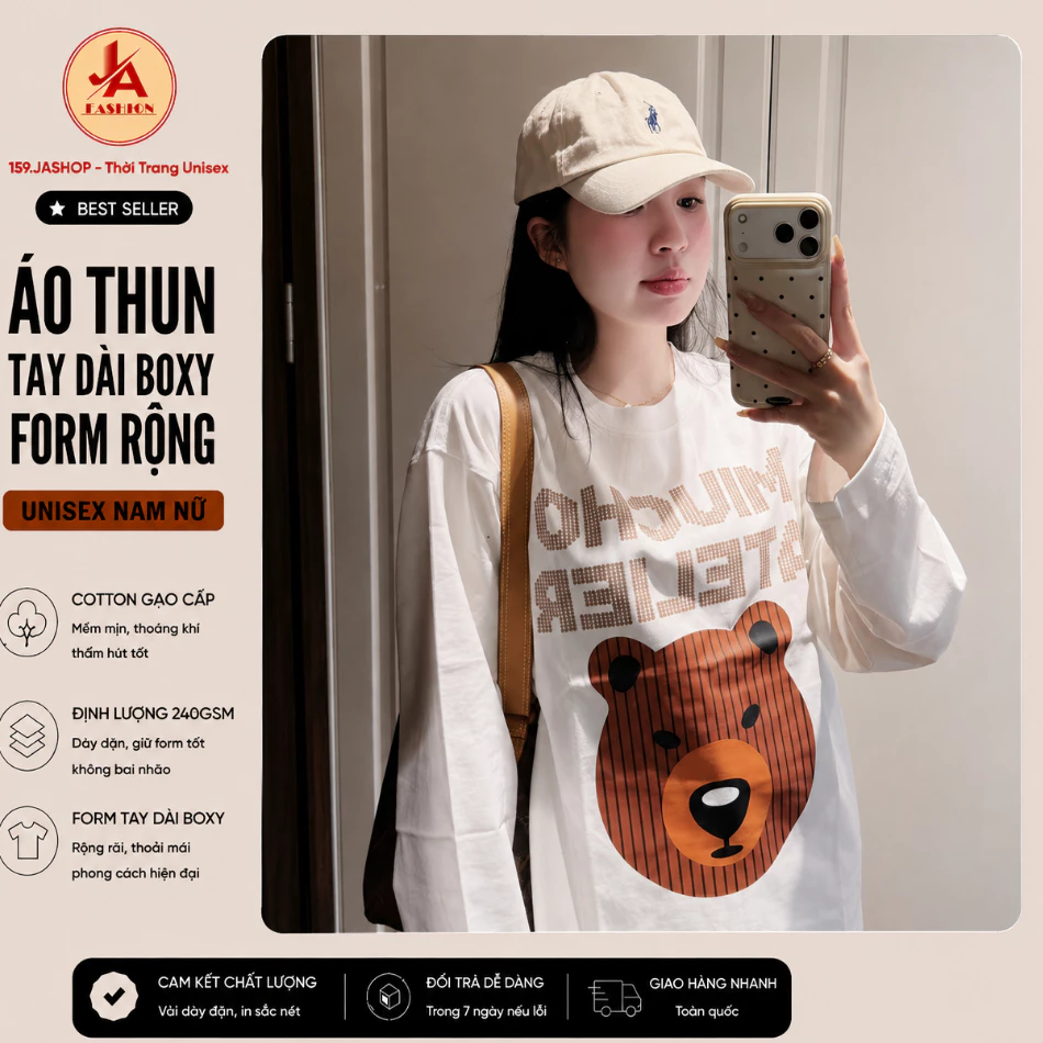 ÁO THUN TAY DÀI  FORM RỘNG HOẠT HÌNH GẤU UNISEX NAM NỮ – COTTON GẠO 240GSM