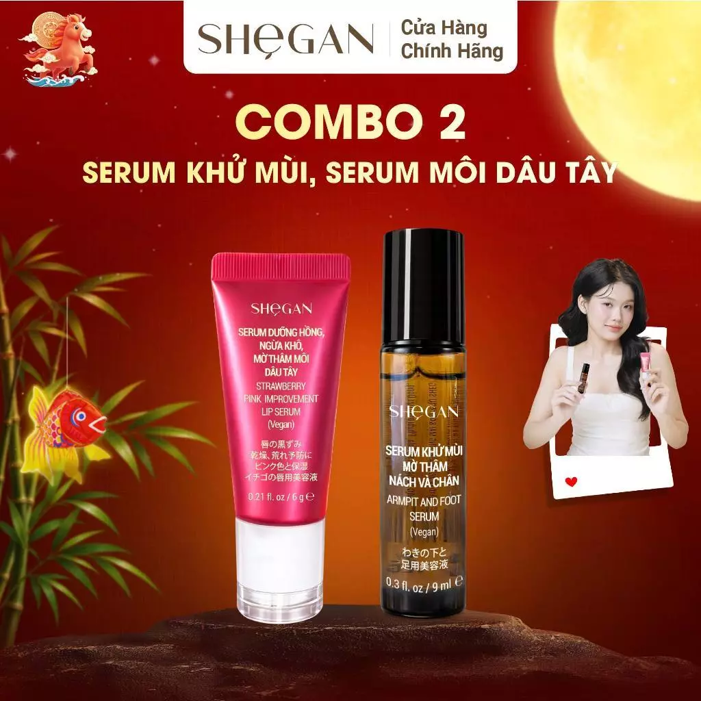 Combo Serum Dưỡng Hồng, Ngừa Khô, Mờ Thâm Môi Dâu Tây 6g & Serum Khử Mùi Mờ Thâm Nách Và Chân SHeGAN 9ml