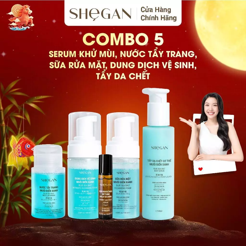 Combo Đặc Biệt SHeGAN Sửa Rửa Mặt, Tẩy Da Chết, Dung Dịch Vệ Sinh, Nước Tẩy Trang, Serum Khử Mùi 9ml