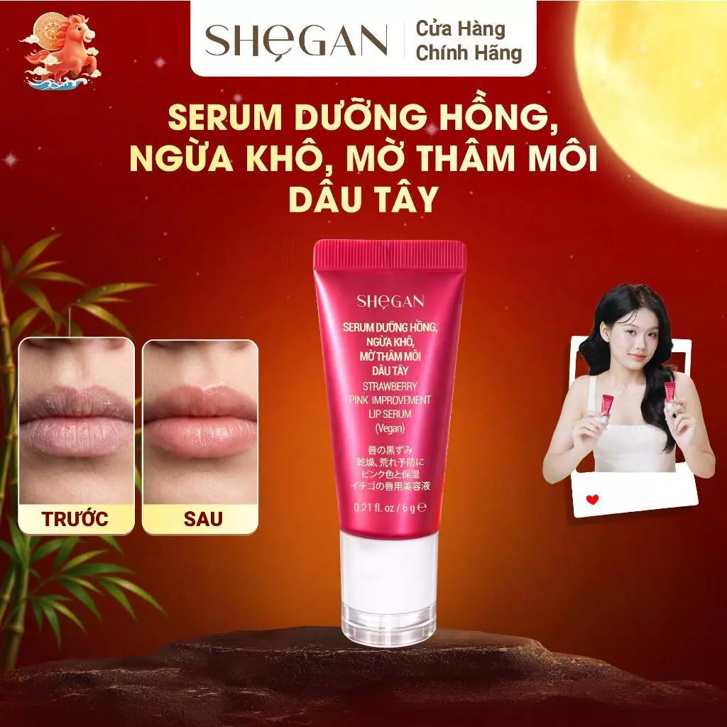 Serum Dưỡng Hồng, Ngừa Khô, Mờ Thâm Môi Dâu Tây 6g SHeGAN - Mềm Môi, Hồng Môi Tự Nhiên, Dưỡng Ẩm, Son Dưỡng Môi