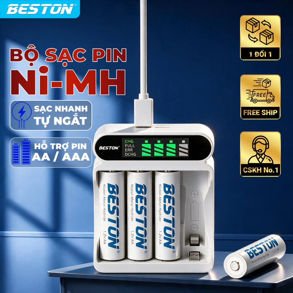 Bộ sạc kèm pin AA/AAA Ni-MH 1.2V, sạc nhanh tự ngắt an toàn, dùng cho micro không dây, đèn flash, máy ảnh, đo huyết áp