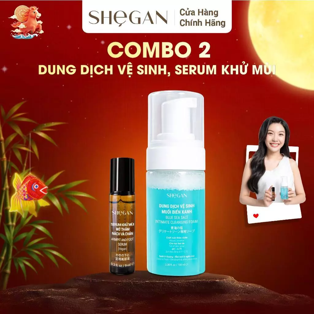 Combo Dung Dịch Vệ Sinh Phụ Nữ Muối Biển Xanh, Serum Khử Mùi mờ Thâm Nách Và Chân SHeGAN - Khử Mùi, Thơm Mát, Tự Tin