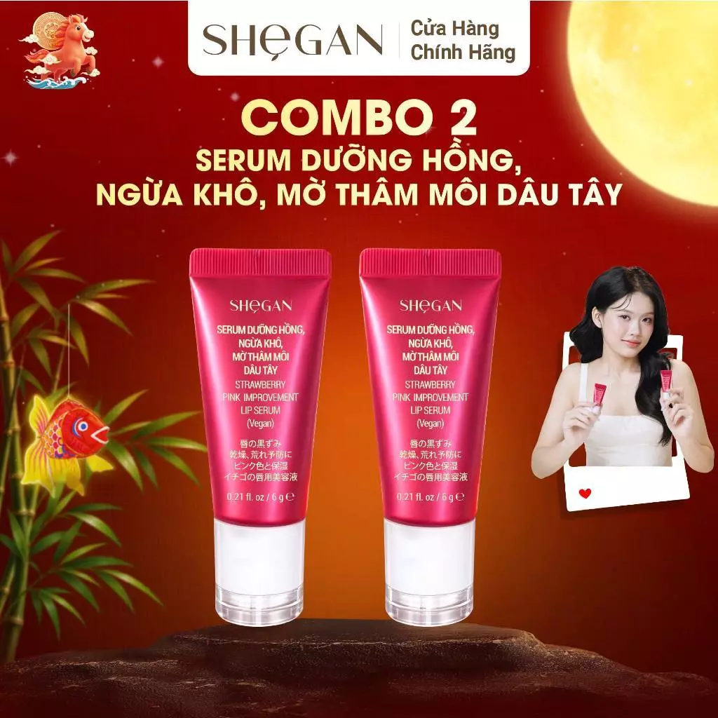 Combo 2 Tuýp Serum Dưỡng Hồng, Ngừa Khô, Mờ Thâm Môi Dâu Tây 6g SHeGAN - Mềm Môi, Hồng  Môi Tự Nhiên, Căng Mọng