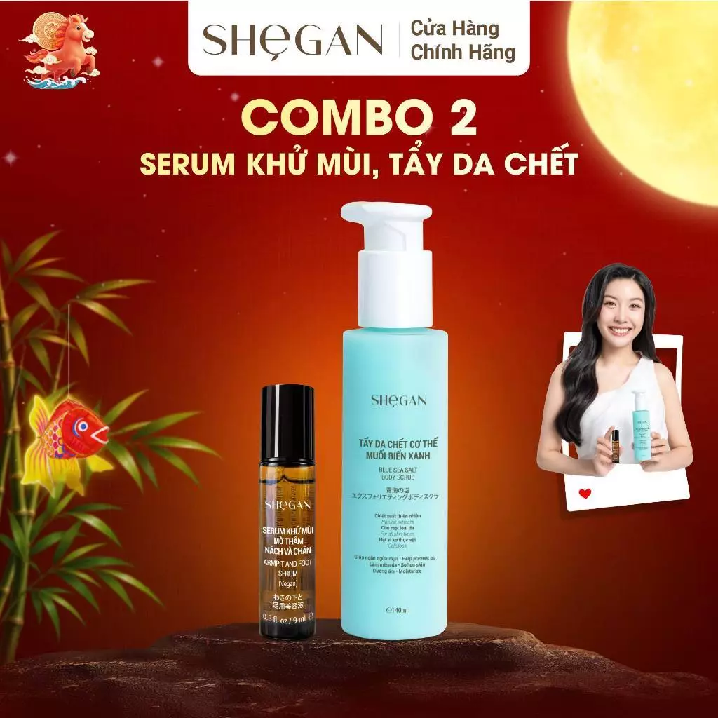 Combo Tẩy Tế Bào Chết Muối Biển Xanh, Serum Khử Mùi Mờ Thâm Nách Và Chân SHeGAN - Phù Hợp Cho Mọi Loại Da