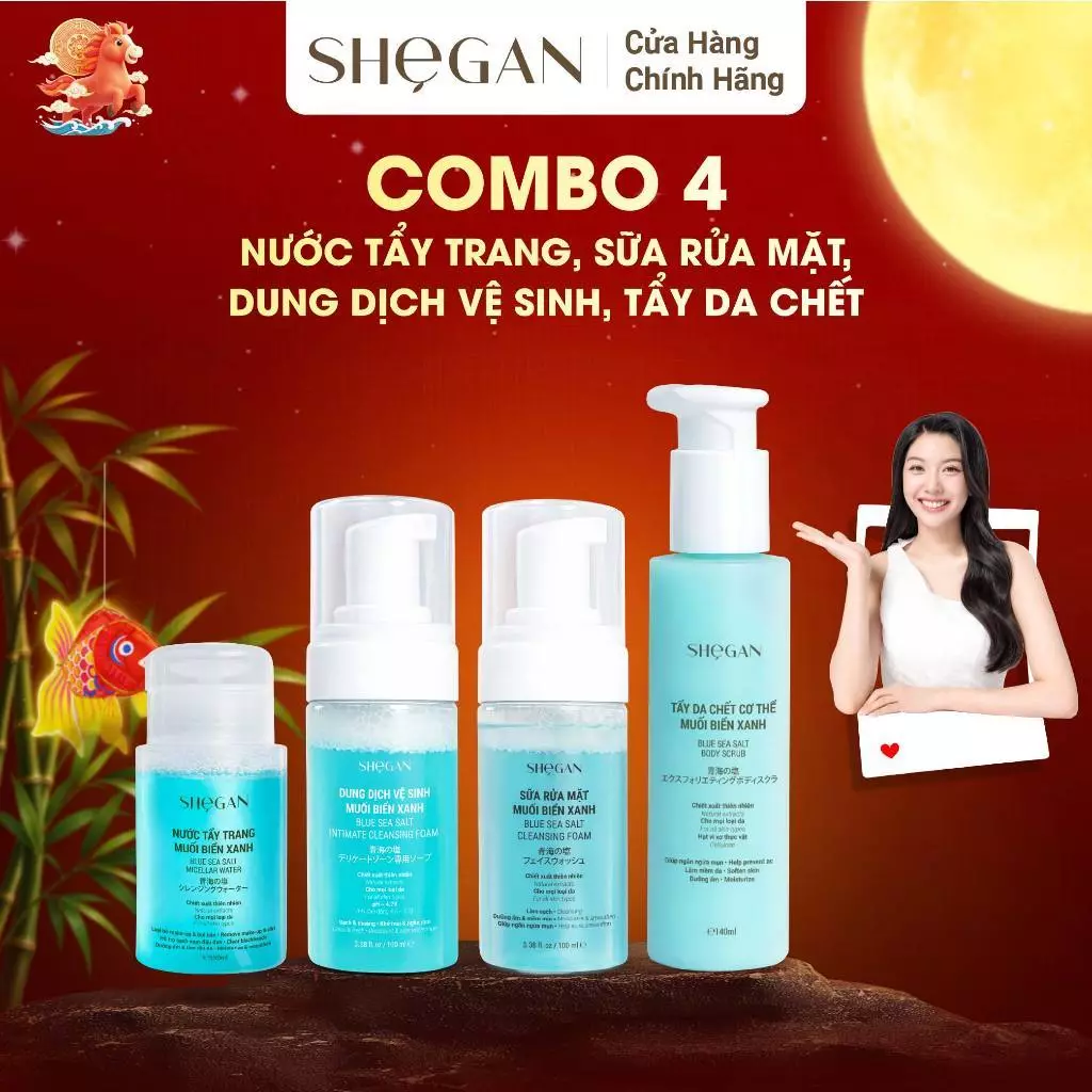 Combo Sữa Rửa Mặt 100ml, Nước Tẩy Trang 150ml, Tẩy Da Chết 140ml, Dung Dịch Vệ Sinh 100ml SHeGAN - Làm Sạch, Dưỡng Ẩm