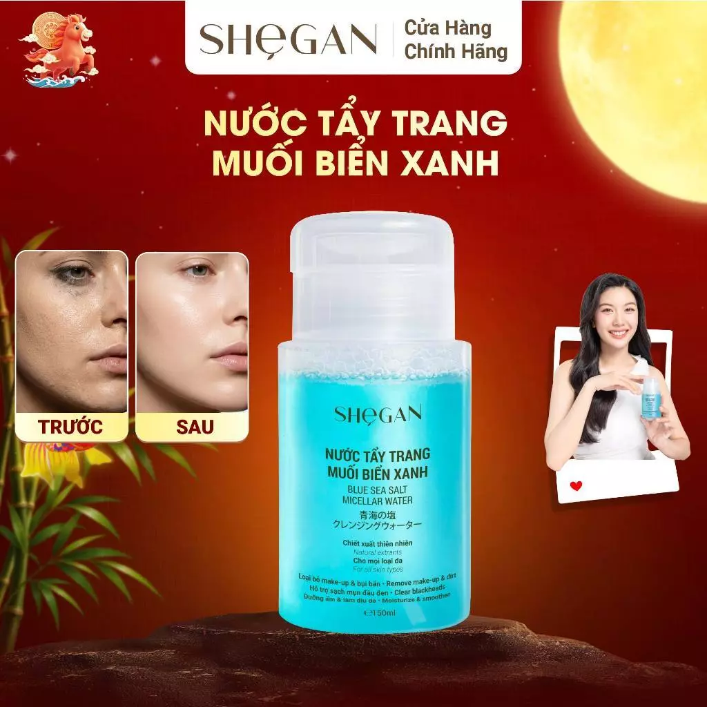 SHeGAN Nước Tẩy Trang Muối Biển Xanh 150ml - Làm Sạch Lớp Trang Điểm, Kiểm Soát Nhờn, Phù Hợp Cho Mọi Loại Da