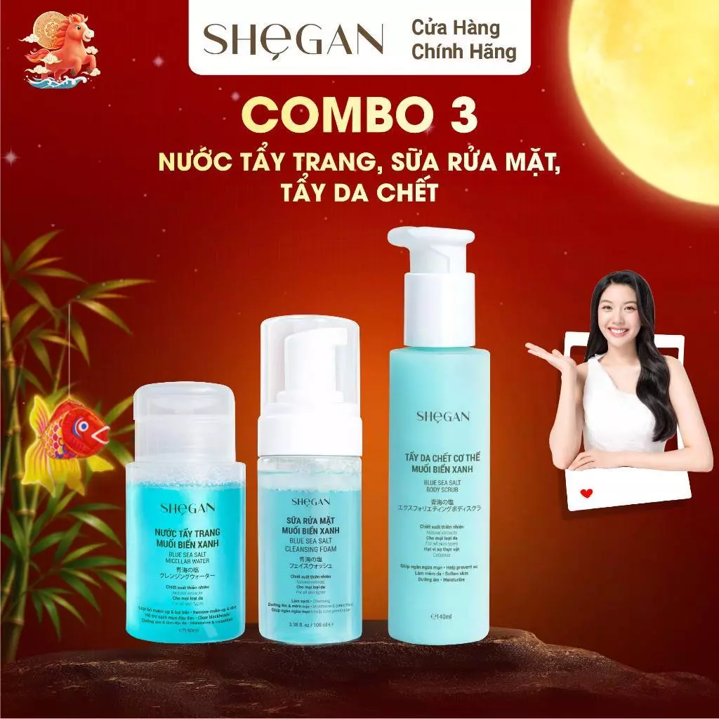 Bộ 3 Sữa Rửa Măt 100ml, Nước Tẩy Trang 150ml & Tẩy Da Chết 140ml SHeGAN - Chăm Sóc Da Mặt, Dành Cho Da Nhạy Cảm