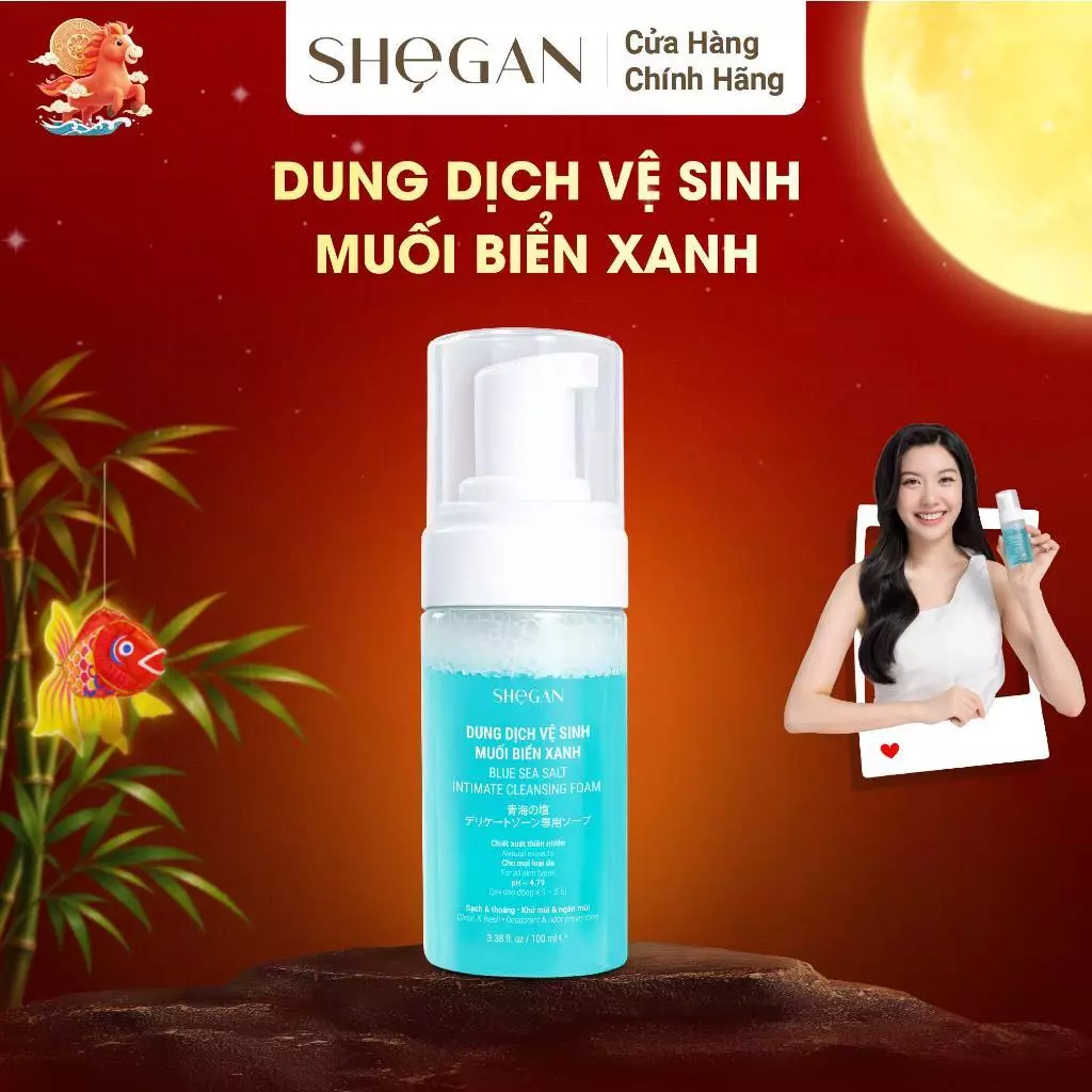 Dung Dịch Vệ Sinh Phụ Nữ, Thuần Chay, Chai Tạo Bọt Tự Động Muối Biển Xanh SHeGAN 100ml