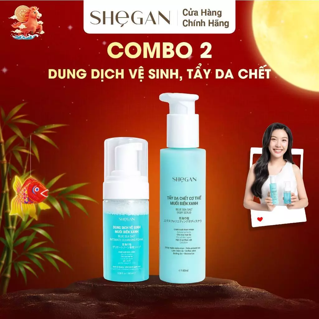 Combo Tẩy Da Chết & Dung Dịch Vệ Sinh Phụ Nữ Muối Biển Xanh SHeGAN - Làm Sạch, Dưỡng Ẩm, Phù Hợp Mọi Loại Da