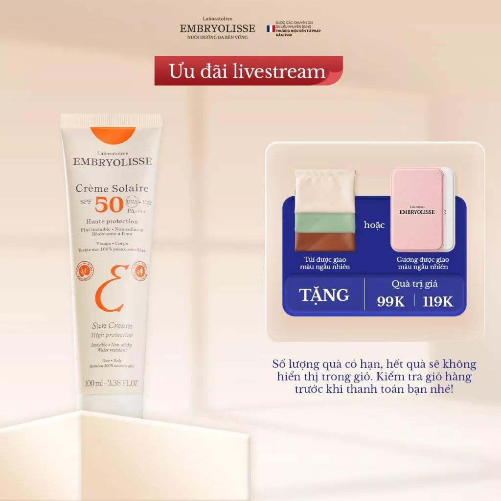 [Livestream SSSS x EMB][DATE 03/2027] Kem chống nắng phổ rộng dưỡng ẩm cho da khô Crème Solaire Embryolisse 100ml