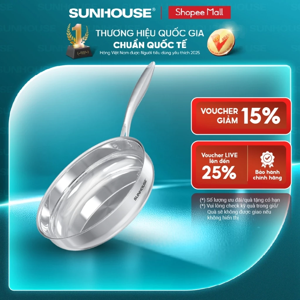 Chảo inox 304 đa lớp cao cấp SUNHOUSE INxxM15 - 3 lớp liền khối - Bắt từ nhạy bén - Phù hợp mọi loại bếp