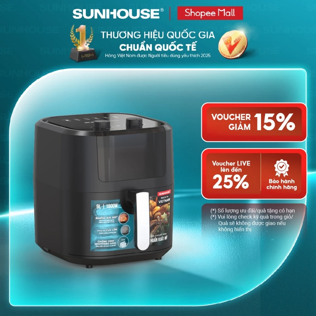 Nồi chiên không dầu 9L Sunhouse SHD4037 - Công nghệ Rapid Air 360 độ - Chống dính Whitford siêu bền