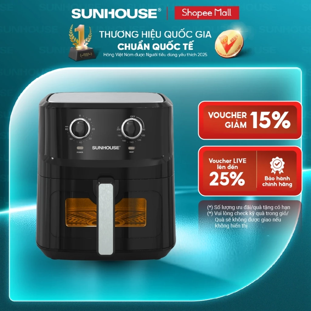 Nồi chiên không dầu 6,5L Sunhouse SHD4030 - Công nghệ Rapid Air 360 độ - Cửa sổ khoang chiên trong suốt