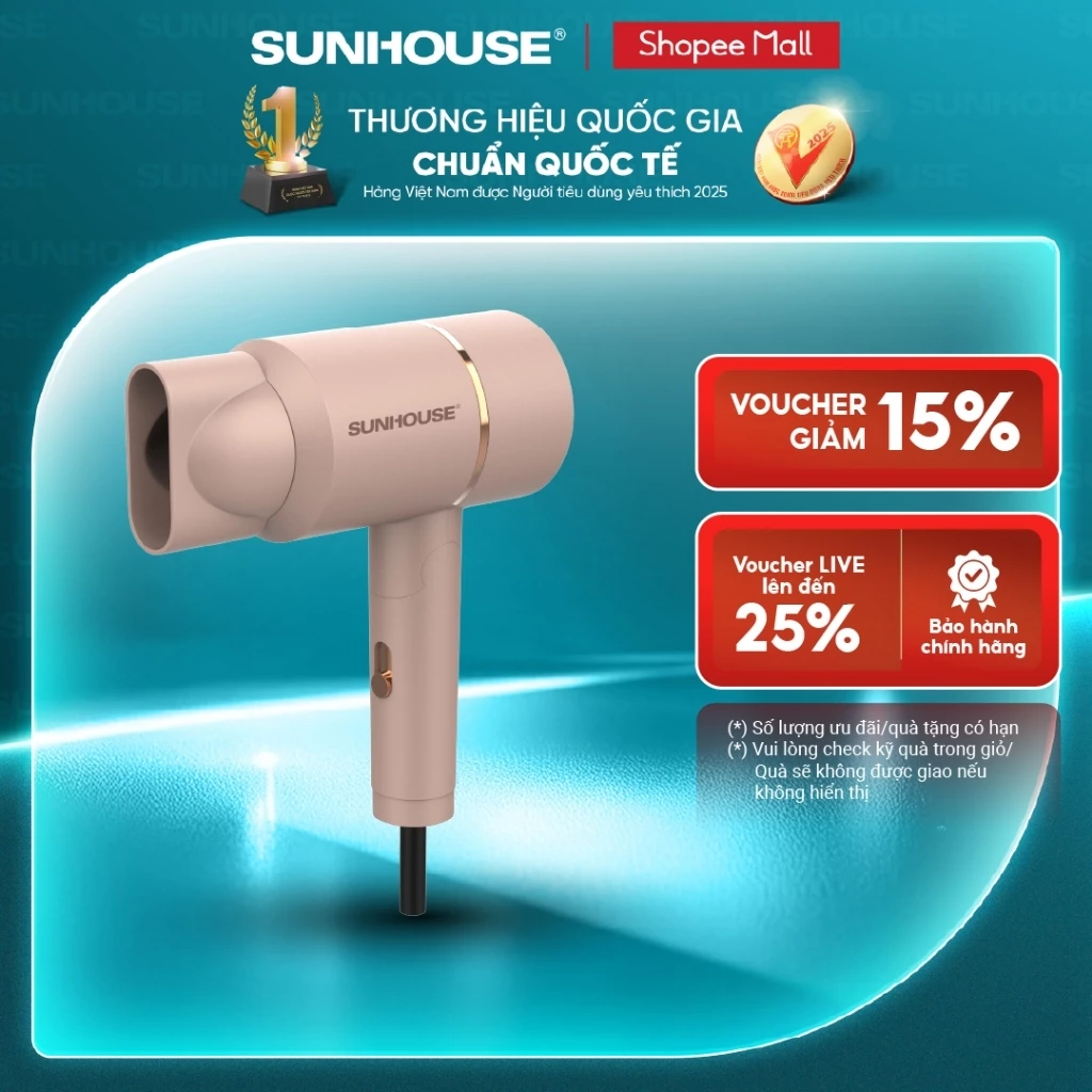 Máy sấy tóc Sunhouse SHD2313 - Công suất 1000W - 2 tốc độ, 3 mức nhiệt - Tay cầm gập gọn - Đầu sấy tháo lắp linh hoạt