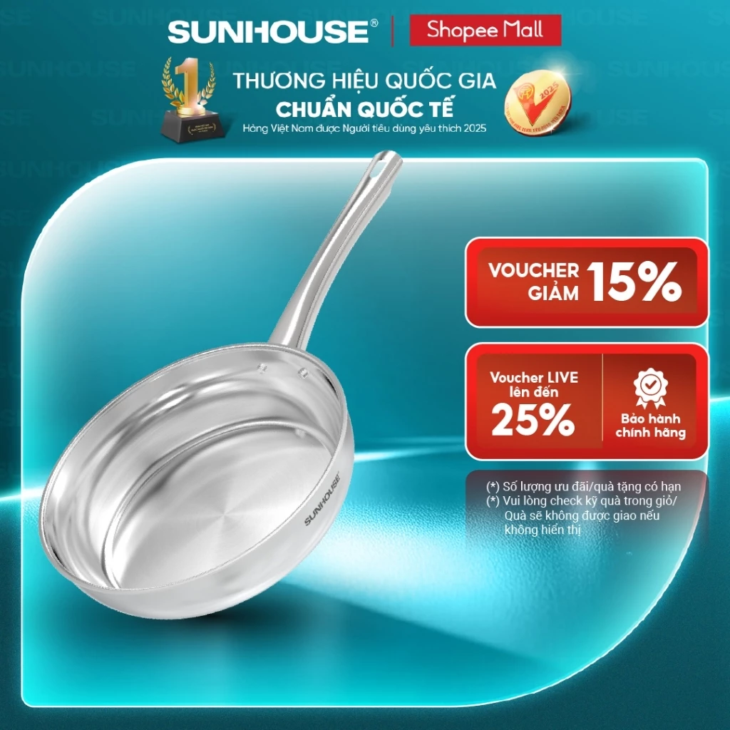 [Mã độc quyền online] Chảo inox 304 đa lớp Sunhouse IN20-24-26M7E - 3 lớp inox liền khối - Dùng mọi loại bếp
