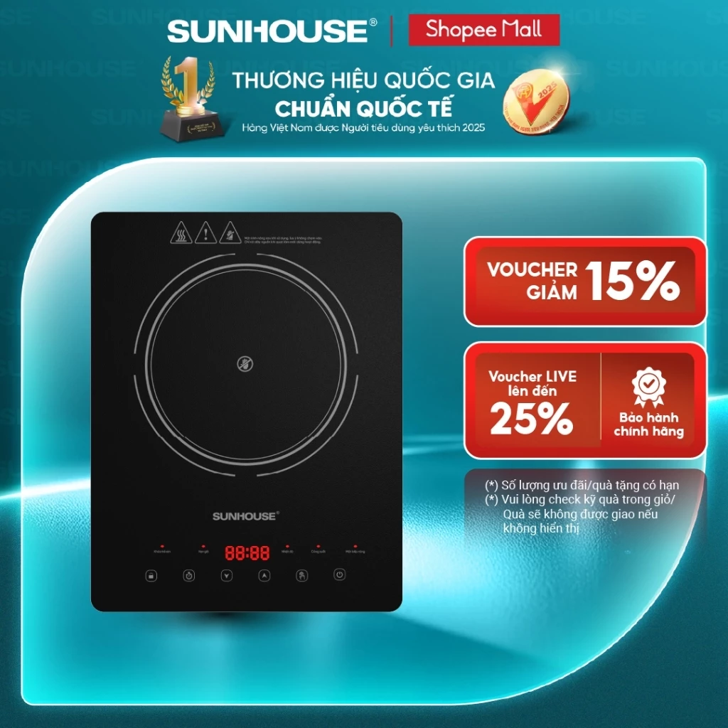 Bếp hồng ngoại cảm ứng Sunhouse SHD6007A - 10 mức nhiệt tùy chỉnh - Công suất 2000W - Mặt kính pha lê