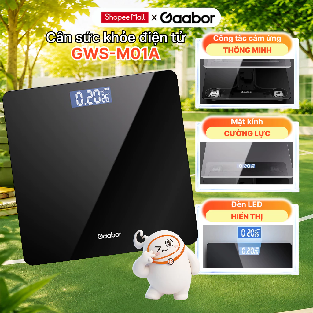 Cân điện tử sức khỏe Gaabor GWS-M01A mặt kính cường lực sạc USB màn hình LED hiển thị nhiệt độ