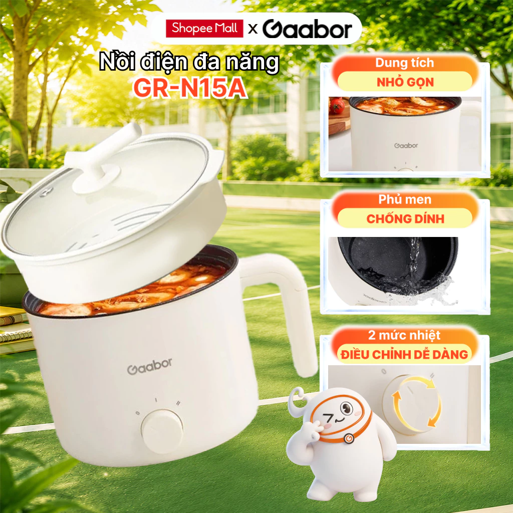 Nồi điện đa năng Gaabor GR-N15A nồi lẩu mini 1.5L chống dính công suất 600W 2 mức nhiệt kèm xửng hấp