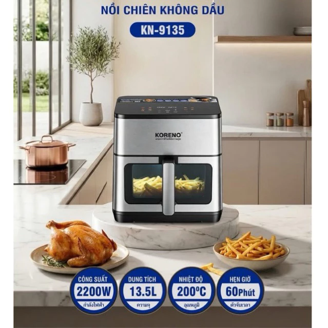 Nồi chiên không dầu điện tử 2 MÂM NHIỆT KÉP Koreno, KN 9135 dung tích 13,5 lít, công suất 2200W, hẹn giờ 60 phú