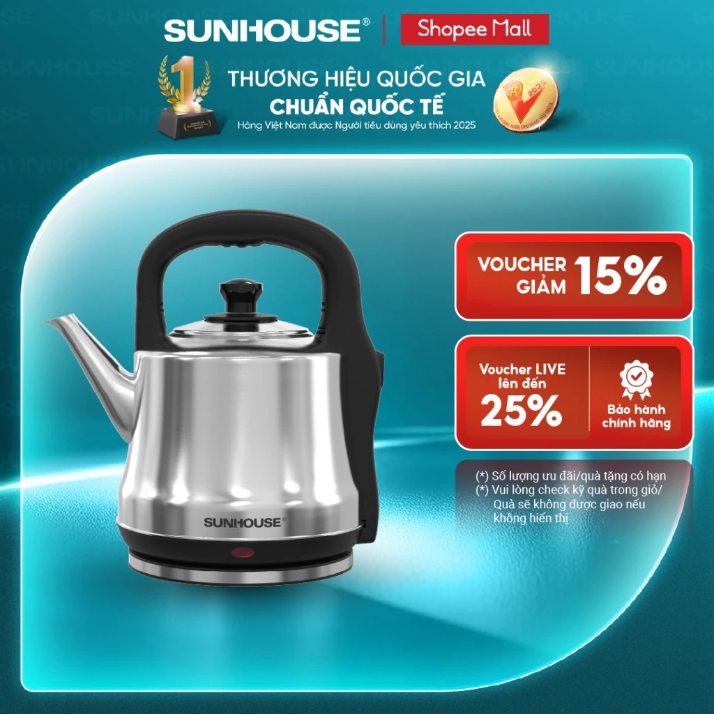 Ấm siêu tốc Inox 5L Sunhouse SHD1403 - Dung tích lớn 5L - Công suất 1800W sôi nhanh - Đế xoay 360 độ - Tự động ngắt