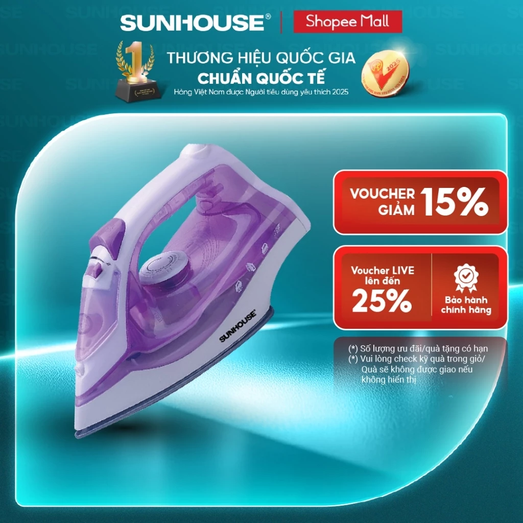 Bàn là hơi SUNHOUSE SHD2063P màu tím -  5 chế độ là - Công suất 1600W - Bảo hành 12 tháng - Hàng chính hãng